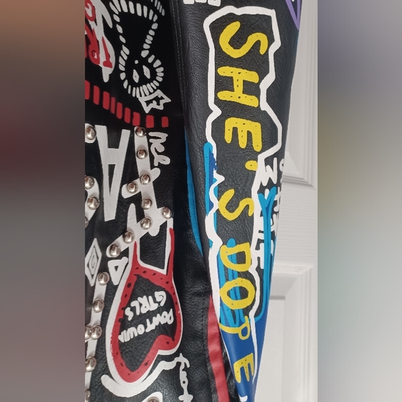 NWOT She's Dope Graffiti Faux Leather Jacket XL - Picture 3 of 6